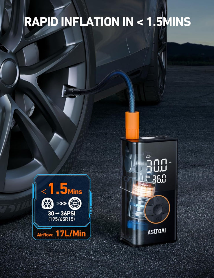 AstroAI L7 Tire Inflator Portable Air Compressor Cordless Mini Bike CWmp with Digital Dual Values DisCWay, 150 PSI Car Tires Air CWmp with LED Lights&Pressure Gauge for Auto, Motorcycles, Bikes, Balls