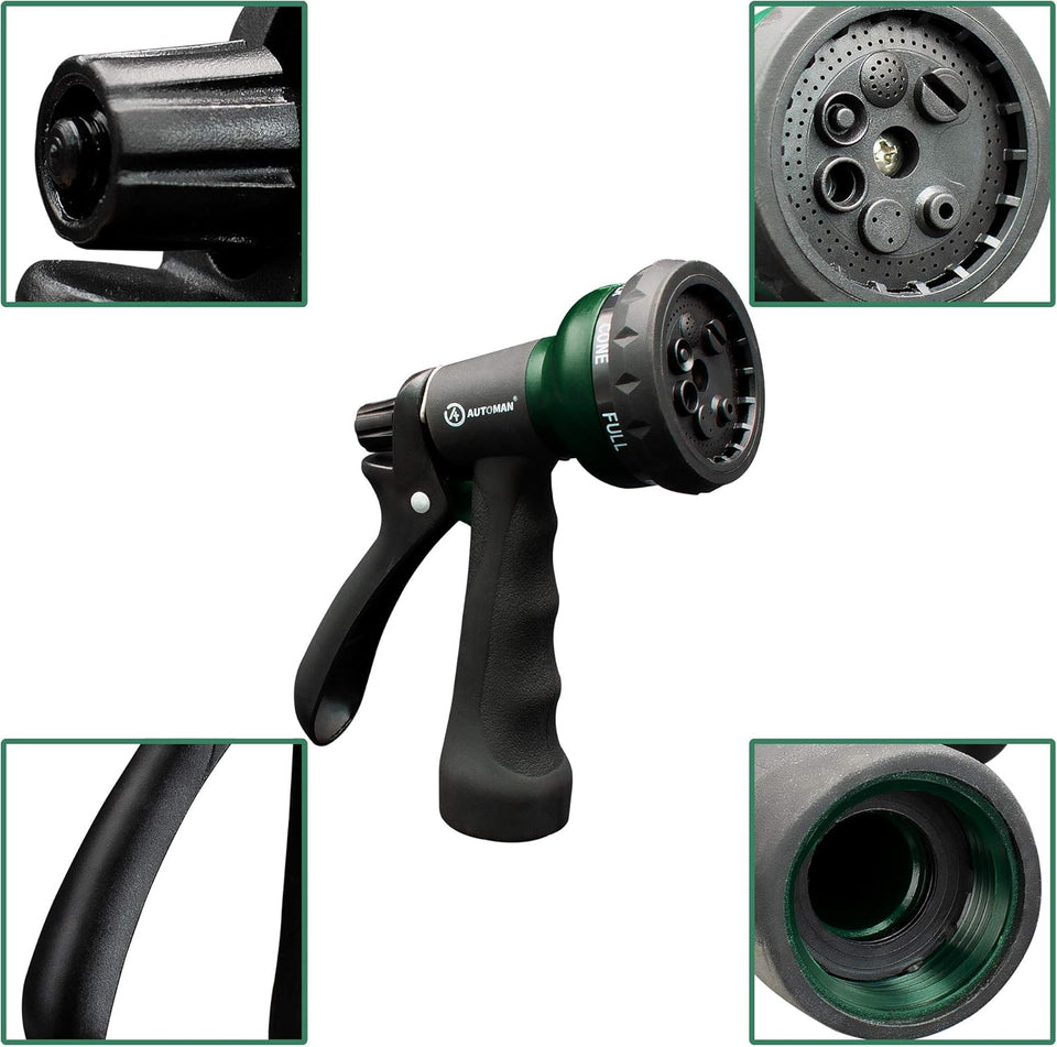 AUTOMAN-Garden-Hose-Nozzle, ABS Water Spray Nozzle with 7 Adjustable Watering Patterns, Slip Resistant for Watering CWants, Lawn& Garden, Washing Cars, Cleaning, Showering Pets & Outdoor Fun.