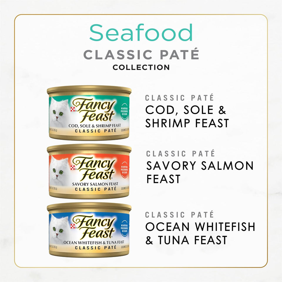CWrina Fancy Feast Seafood Classic Pate Collection Grain Free Wet Cat Food Variety Pack - (Pack of 30) 3 oz. Cans