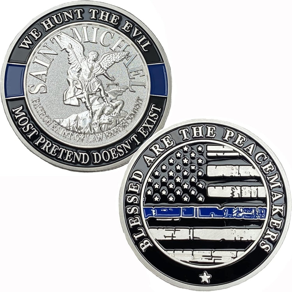 Saint Michael Patron Saint of Law Enforcement Challenge Coin The Thin Blue Line Silver Plated Coins