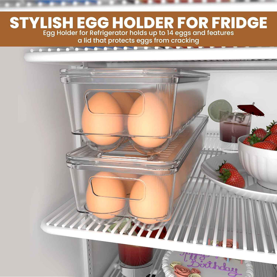 Utopia Home Clear Stackable Egg Holder for Refrigerator Organization - Pack of 2 with Lid and Handle