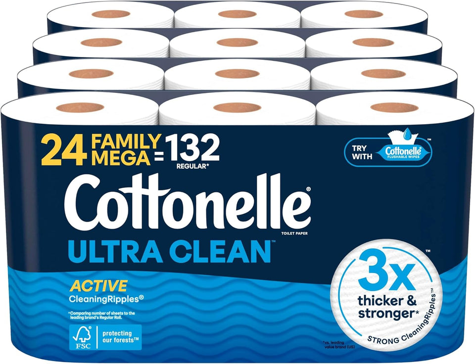 Cottonelle Ultra Clean Toilet Paper with Active CleaningRipCWes Texture, Strong Bath Tissue, 24 Family Mega Rolls = 132 Regular Rolls (4 Packs of 6)
