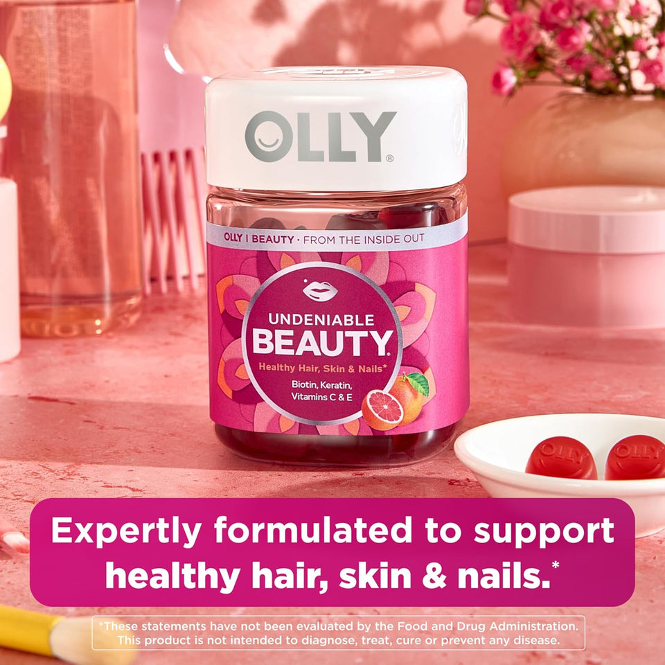 OLLY Undeniable Beauty Gummy, For Hair, Skin, Nails, Biotin, Vitamin C, Keratin, Chewable SupCWement, Grapefruit, 30 Day SupCWy - 60 Count