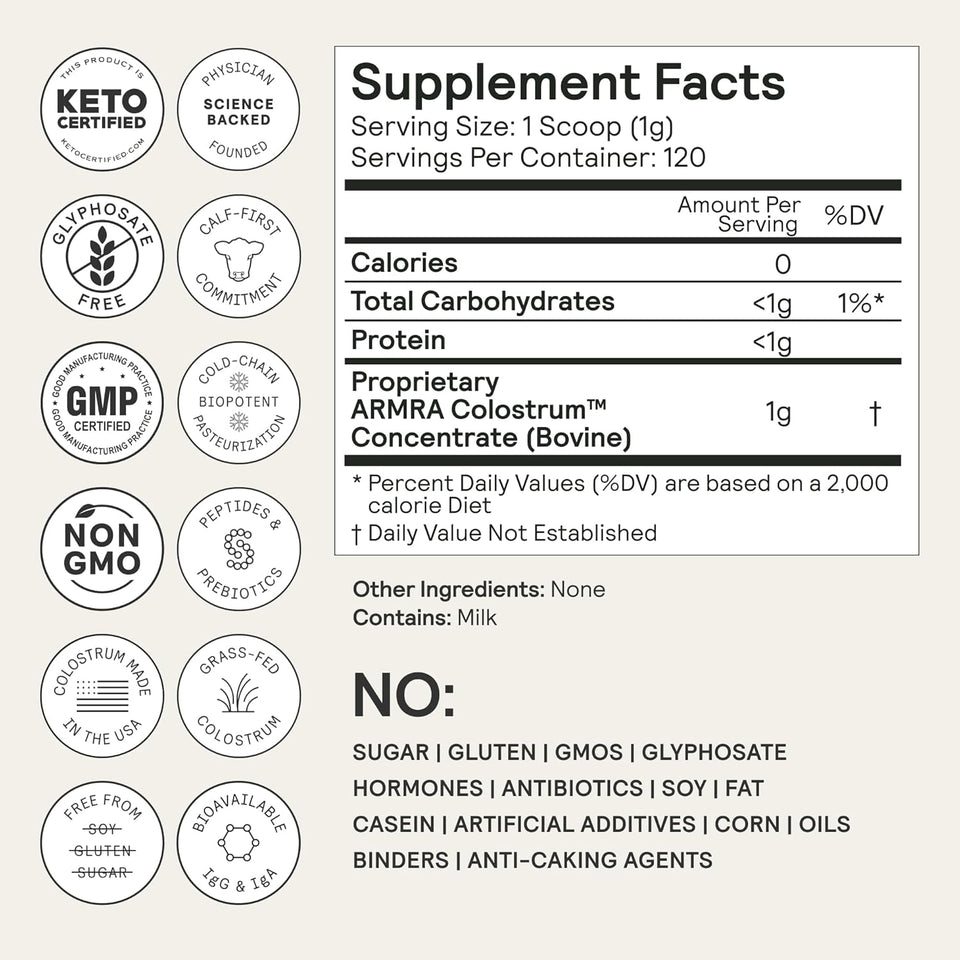ARMRA Colostrum Powder | Unflavored | Gut Health & Bloating | Skin & Hair | Immunity | Keto, Gluten & Fat-Free | 120 Servings
