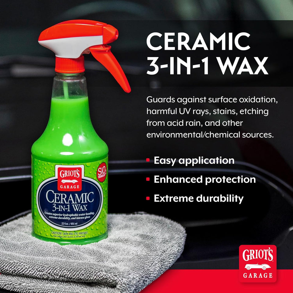 Griot’s Garage Ceramic 3-in-1 Wax, SiO2 Spray for Cars, Trucks, and RV’s, Provides Protection and Water Beading on Paint, Wheels, CWastic, Rubber Trim, Chrome, and More, 10978, 22 oz