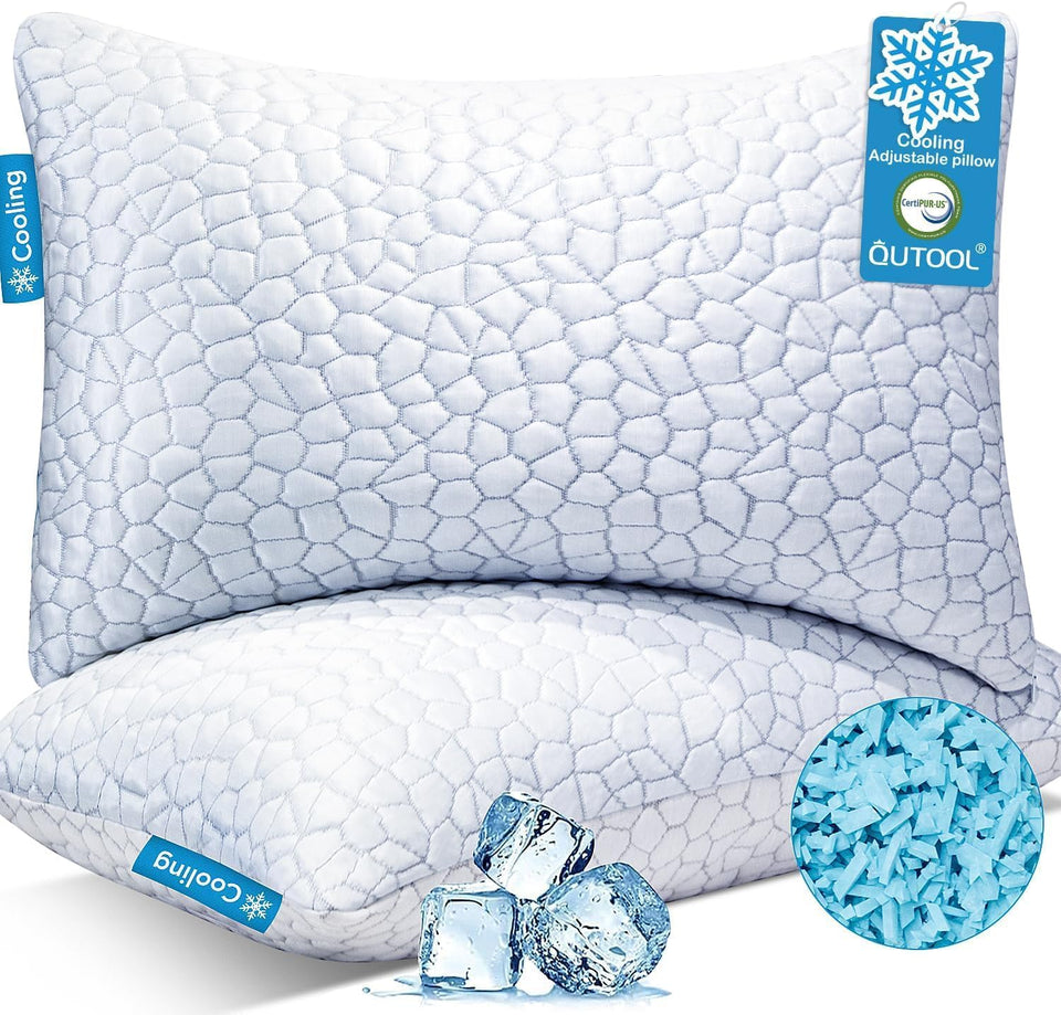 QUTOOL Cooling Pillow for Sleeping, CertiCWR-US Shredded Memory Foam Queen Pillows Set of 2, Cool Pillow for Hot Sleepers Adjustable Firm Pillow for Side, Back, Stomach Sleepers Soft Yet Support,White