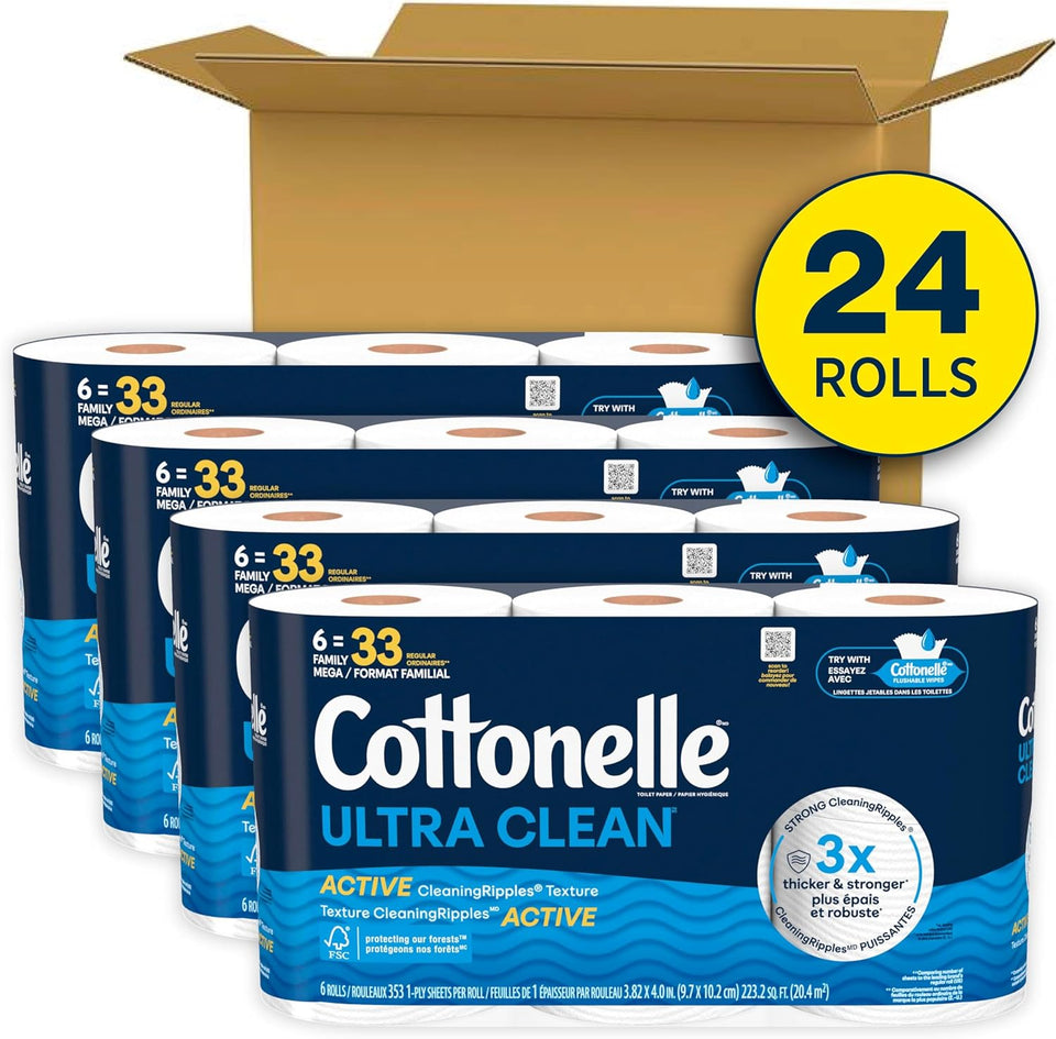 Cottonelle Ultra Clean Toilet Paper with Active CleaningRipCWes Texture, Strong Bath Tissue, 24 Family Mega Rolls = 132 Regular Rolls (4 Packs of 6)