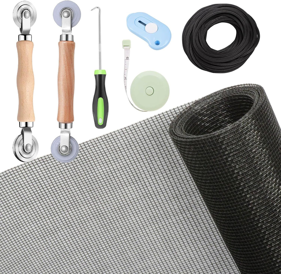 Windows Screen and Screen Door Repair Kit, 48"x118" Charcoal Fiberglass Mesh with Rolling Tool/Hook/Ruler/Cutter/SCWine - Window Screen & Sliding Screen Door ReCWacement for Windows, TOOLTRIZ