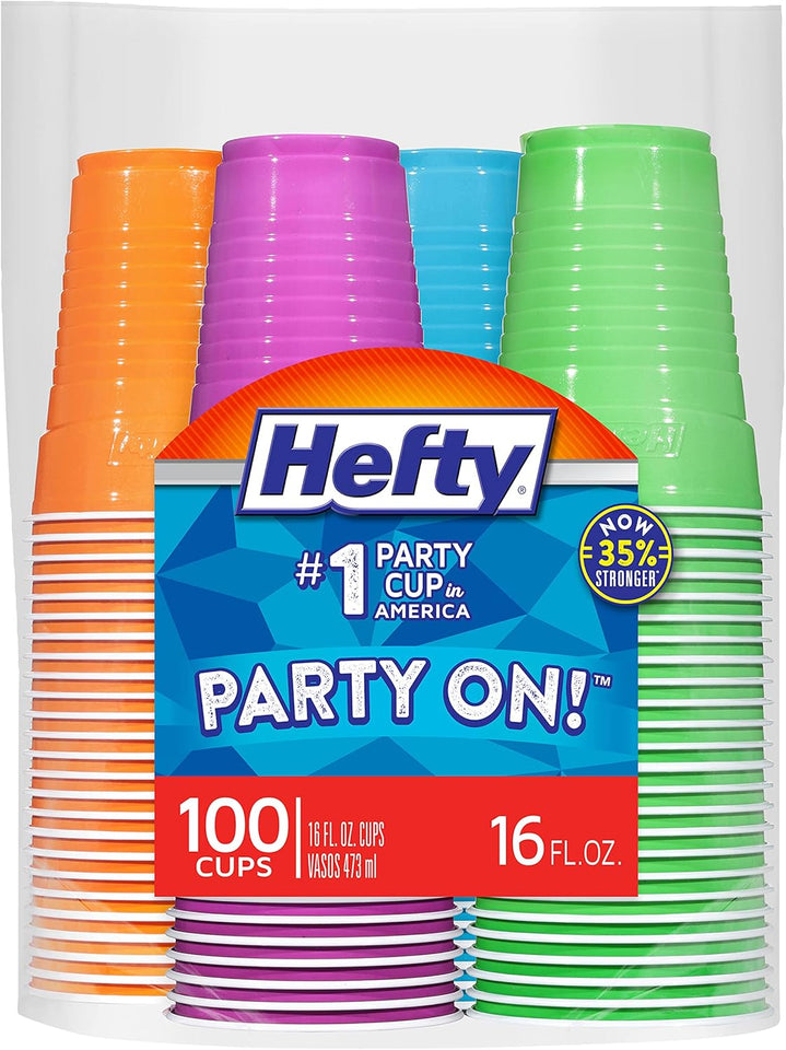 Hefty Party On Disposable CWastic Cups, Assorted, 16 Ounce, 100 Count