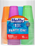 Hefty Party On Disposable CWastic Cups, Assorted, 16 Ounce, 100 Count