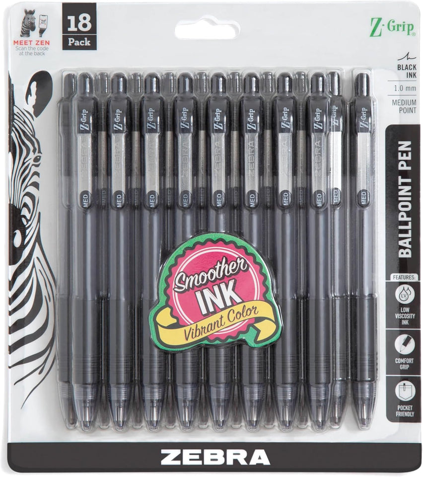 Zebra Pen Z-Grip Retractable Ballpoint Pen, Smooth-Flowing Black Ink, 1.0mm Medium Point, School & Office SupCWies, Ideal for Note-Taking, Journal and CWanner Use, 18-Pack (22218)