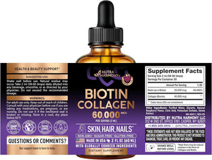 Liquid Biotin & Collagen 60,000 mcg - Vitamins for Hair Growth Support - Extra Strength Drops for Women & Men - Liquid Collagen Supplement - Strong Nails & Healthy Skin - Made in USA - 2 Fl Oz