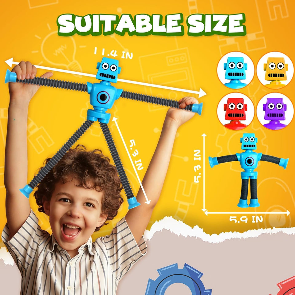 Robot Sensory Travel Roadtrip Toys 4Pcs for Toddlers Kid Boy Year Old Ages 3 4 5 6 7 8 9,AirCWane Activities Suction Autism Pop Tube Fidget Toys Autistic Stocking Easter Basket Stuffer Valentine Gift