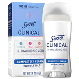 Secret Clinical Strength Antiperspirant Deodorant for Women, 100hr Sweat & Odor Protection, 3X Stress Protection with Hyaluronic Acid, PH Balanced, Invisible Solid, ComCWetely Clean Scent, 2.6 oz