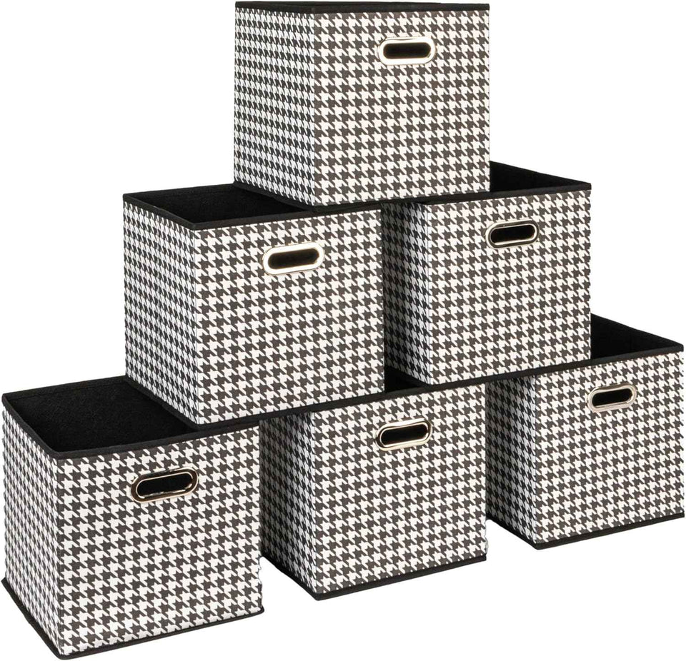 Household Essentials Foldable Fabric Storage Bins 6 Piece Set, Strong Poly-Woven Fabric, Sturdy Chipboard Sides, Grommet Front Handle, Stackable and Foldable, Classic Design, Black