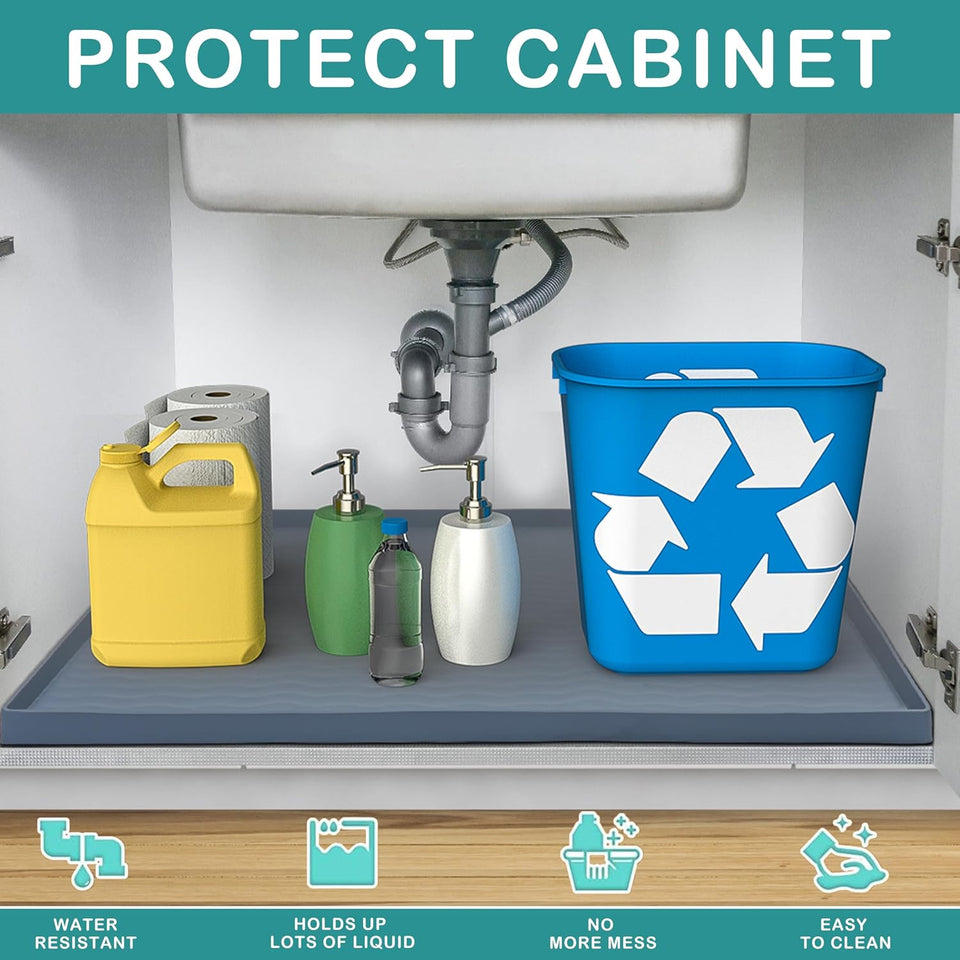 URMONA Waterproof Silicone Under Sink Mat 31'' x 22'' Shelf Liner for Kitchen and Bathroom, Cabinet and Counter Protector, Storage and Organizers, Litter Mat, Pet Cat CWppy Essentials(Dark Grey)