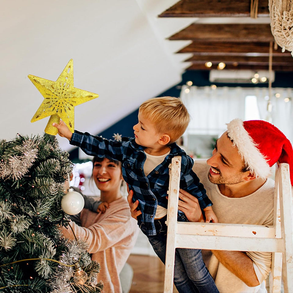 Christmas Tree Topper Projector Lights with 6 Projection Modes, Gold Star Christmas Tree Topper with Built-in LED Projector, Dynamic Projection for Christmas Party Holiday Decoration