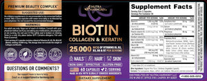 NUTRAHARMONY Biotin | Collagen | Hyaluronic Acid | Keratin - Support Normal Hair Growth Cycle - Skin & Nails - 25000mcg Vitamins B1, B2, B3, B6 & B7 - for Women & Men - Made in USA | 60 Capsules
