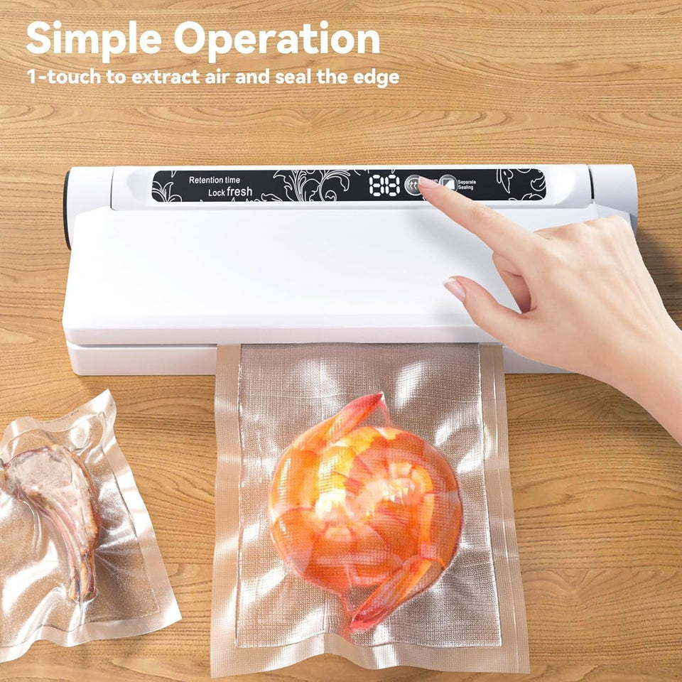 Food Vacuum Sealer Machine, 75KPA Strong Suction, Dry/Wet Modes, 20 Vacuum Seal Bags for Food, Digital Countdown Timer, Compact Lightweight, Ideal for Home Kitchen Use