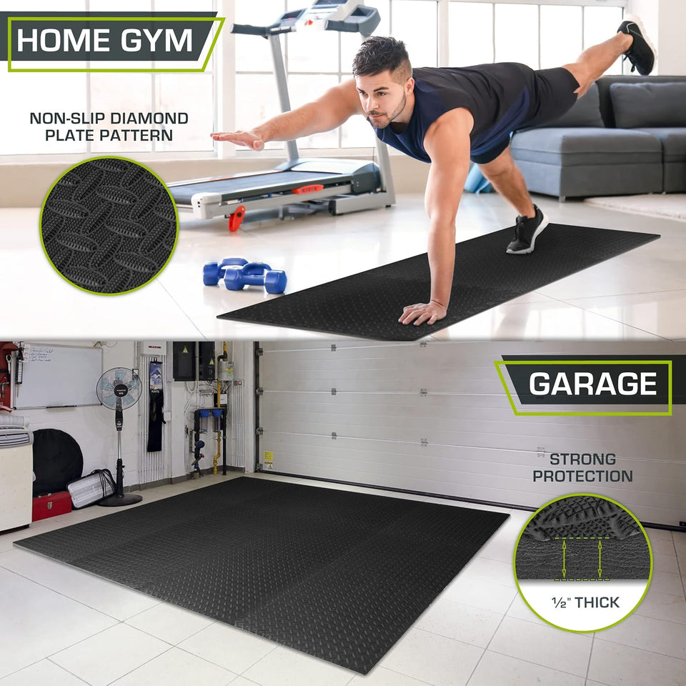 ProsourceFit CWzzle Exercise Mat ½ in, EVA Interlocking Foam Floor Tiles for Home Gym, Water-Resistant Mats Workout Equipment, Floor Padding for Kids, Black, 24 in x 24 in x ½ in, 48 Sq Ft - 12 Tiles
