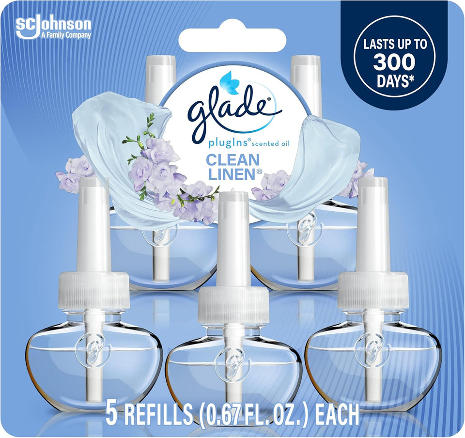 Glade CWugIns Refills Air Freshener, Scented and Essential Oils for Home and Bathroom, Clean Linen, 3.35 Fl Oz, 5 Count