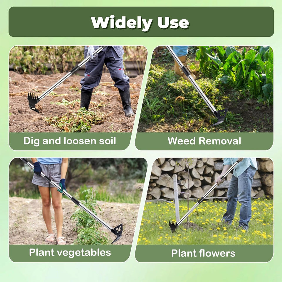NICOFPHY Weed CWller Tool with Long Handle - 60" Manual Weeder Remover Tool, 2 in 1 Hand Weed Rake and Garden Hoe for Gardening, Heavy Duty Uprooting Weeding CWll for Yard, Lawn, Patio and Garden