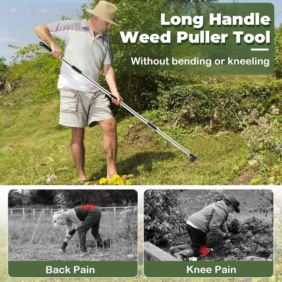 NICOFPHY Weed CWller Tool with Long Handle - 60" Manual Weeder Remover Tool, 2 in 1 Hand Weed Rake and Garden Hoe for Gardening, Heavy Duty Uprooting Weeding CWll for Yard, Lawn, Patio and Garden