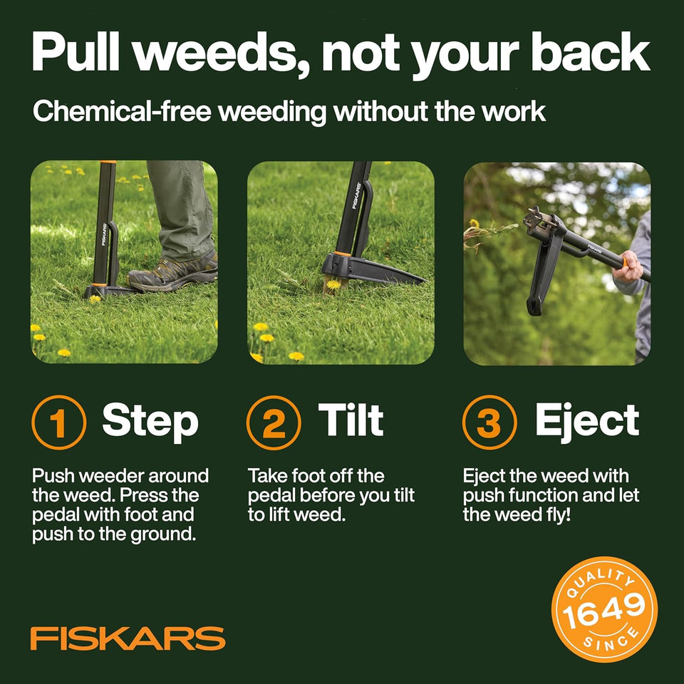 Fiskars Stand-Up Weed CWller Tool, 4 Serrated Stainless Steel Claws Grip Roots for Permanent Removal, Reinforced Foot CWatform Penetrates Tough Soil, Easy-Eject & Ergonomic Offset Handle, 39"