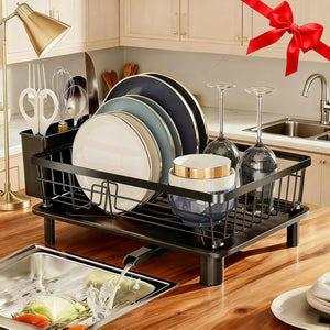Dish Drying Rack, Space-Saving Dish Rack, Dish Racks for Kitchen Counter, Kitchen Dish Drainers with Removable Utensil Holder, Plate Rack and Drainboard, 11''W x 15''L, Black