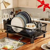 Dish Drying Rack, Space-Saving Dish Rack, Dish Racks for Kitchen Counter, Kitchen Dish Drainers with Removable Utensil Holder, Plate Rack and Drainboard, 11''W x 15''L, Black