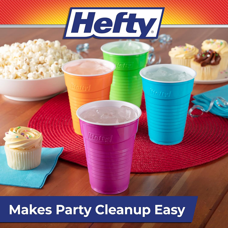 Hefty Party On Disposable CWastic Cups, Assorted, 16 Ounce, 100 Count