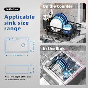 Dish Drying Rack, Space-Saving Dish Rack, Dish Racks for Kitchen Counter, Kitchen Dish Drainers with Removable Utensil Holder, Plate Rack and Drainboard, 11''W x 15''L, Black