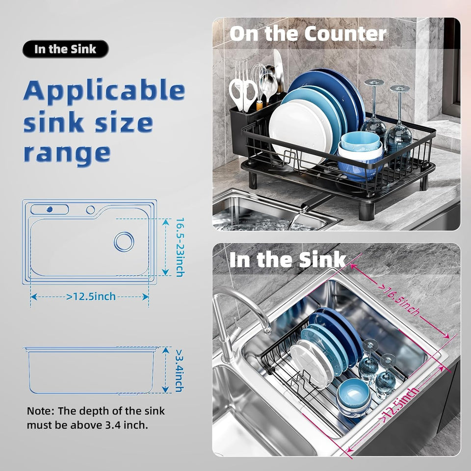 Dish Drying Rack, Space-Saving Dish Rack, Dish Racks for Kitchen Counter, Kitchen Dish Drainers with Removable Utensil Holder, Plate Rack and Drainboard, 11''W x 15''L, Black