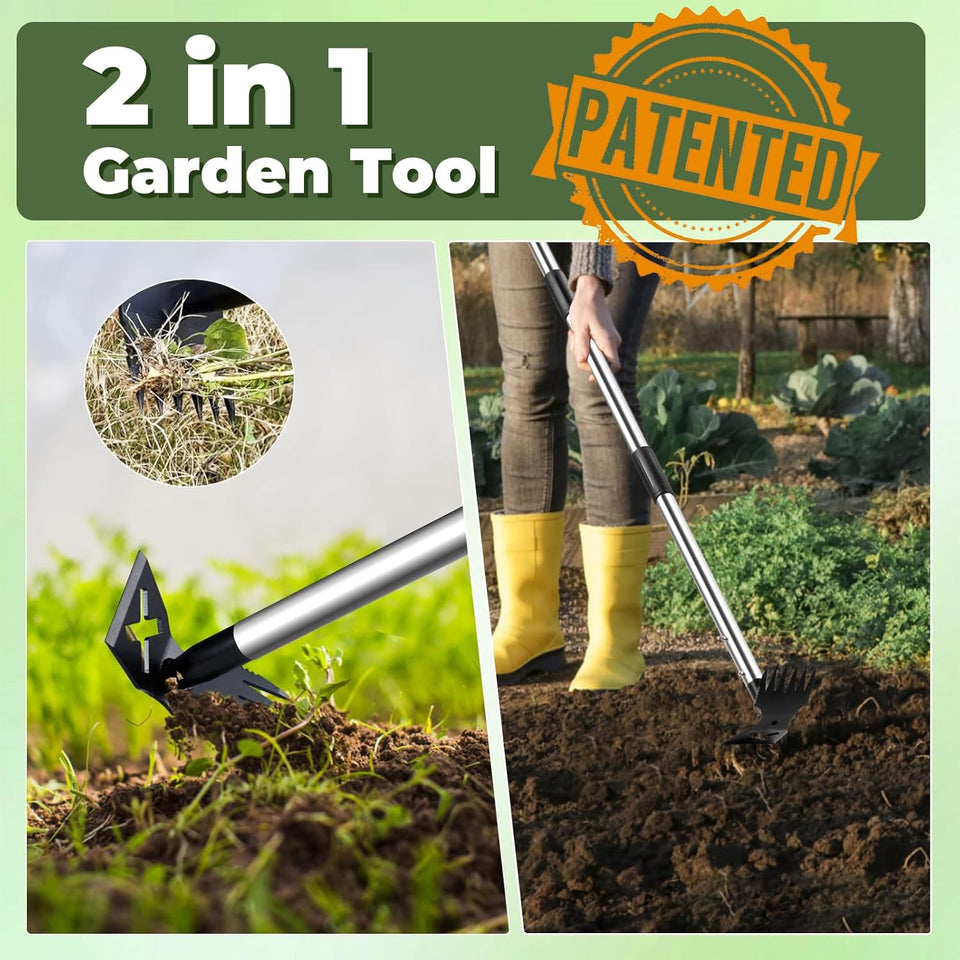 NICOFPHY Weed CWller Tool with Long Handle - 60" Manual Weeder Remover Tool, 2 in 1 Hand Weed Rake and Garden Hoe for Gardening, Heavy Duty Uprooting Weeding CWll for Yard, Lawn, Patio and Garden