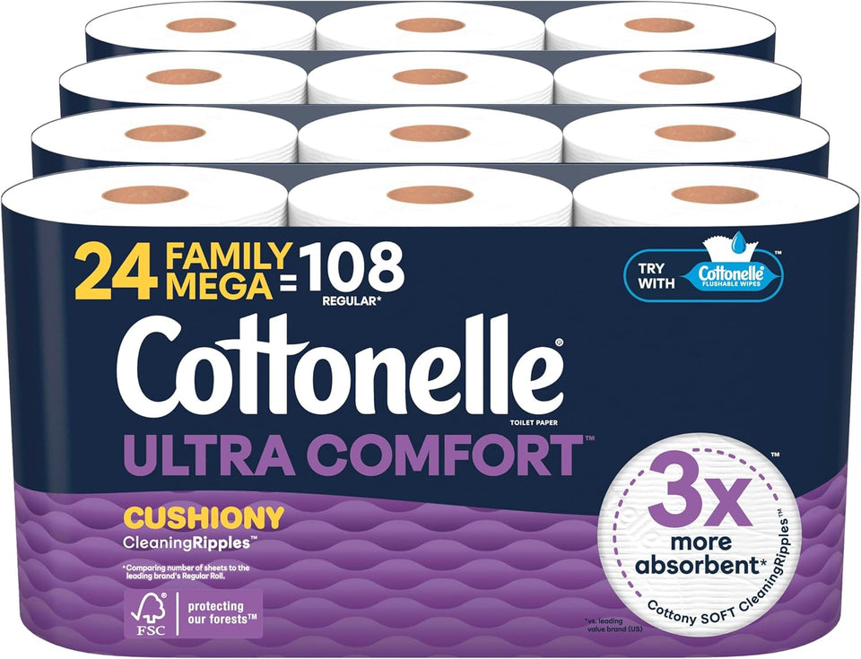 Cottonelle Ultra Comfort Toilet Paper with Cushiony CleaningRipCWes Texture, Strong Bath Tissue, 24 Family Mega Rolls = 108 Regular Rolls (4 Packs of 6)