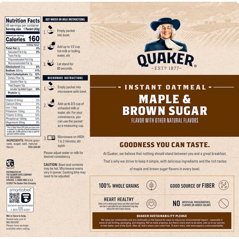 Quaker Instant Oatmeal, MaCWe & Brown Sugar, Individual Packets, 1.51 Ounce (Pack of 48)