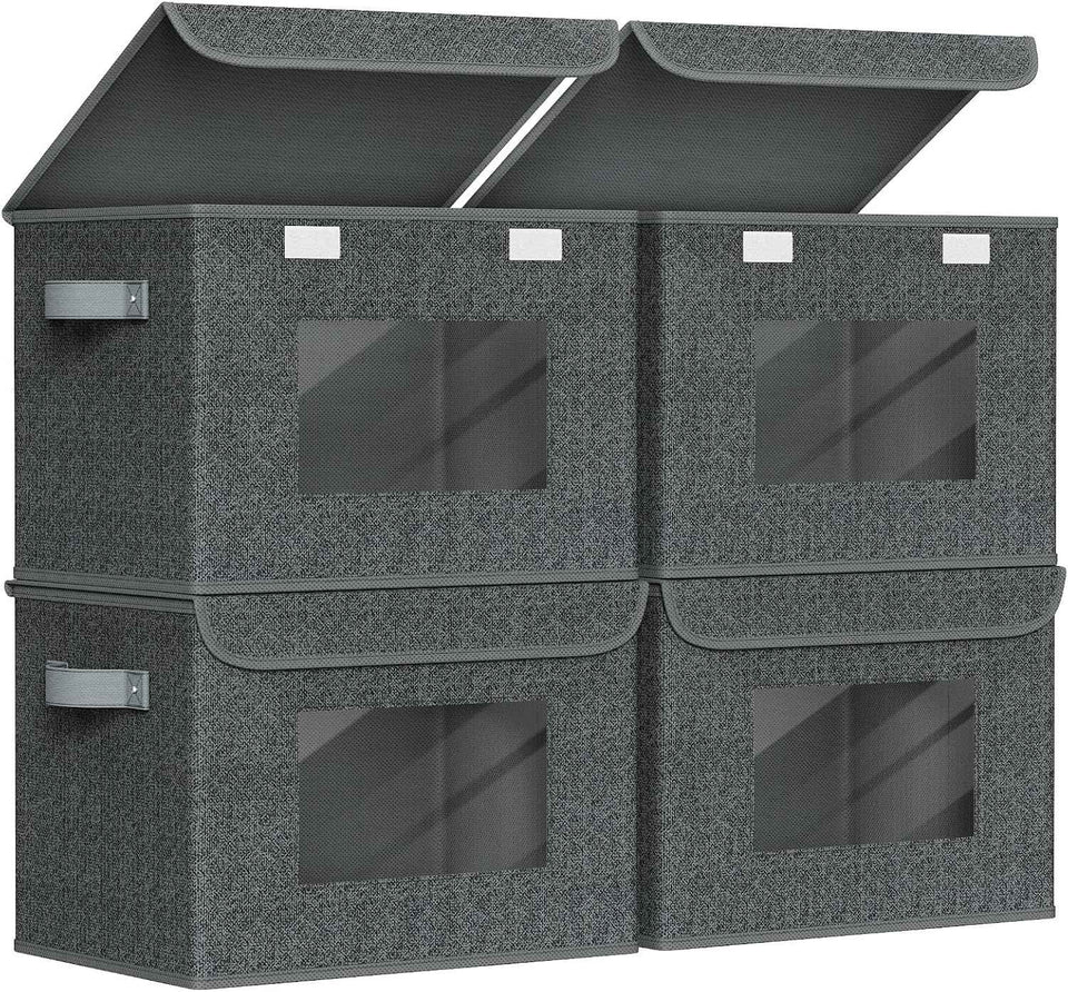 Univivi Fabric Foldable Storage Boxes [4-Pack] Large Collapsible Stackable Storage Bins with Lids, Closet Organizers and Storage Cube Basket for Home, Office, Bedroom (Gray, 17“ x 12” x 12")