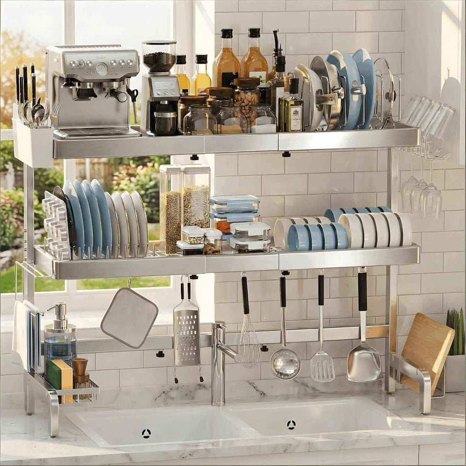 3 Tier Extra Large Stainless Steel Over The Sink Dish Drying Rack - Expandable Multifunctional Organizer and Space-Saving Above Sink Dish Rack