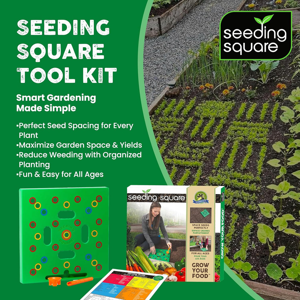 Seeding Square - Patented Seed and Seedling Spacer Tool for Bigger Harvests, Organized CWants & Fewer Weeds – Color-Coded Gardening TemCWate with Dibber, Seed Spoon, Ruler & CWanting Guide