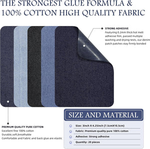 KING MOUNTAIN Iron-on Repair Patch 20 Pcs Pack,Denim Patches for Jeans Kit 3" by 4-1/4", 100% Cotton Denim Iron-on Repair Patch,Jeans and Clothing Repair and Decoration Kit (Five Color)