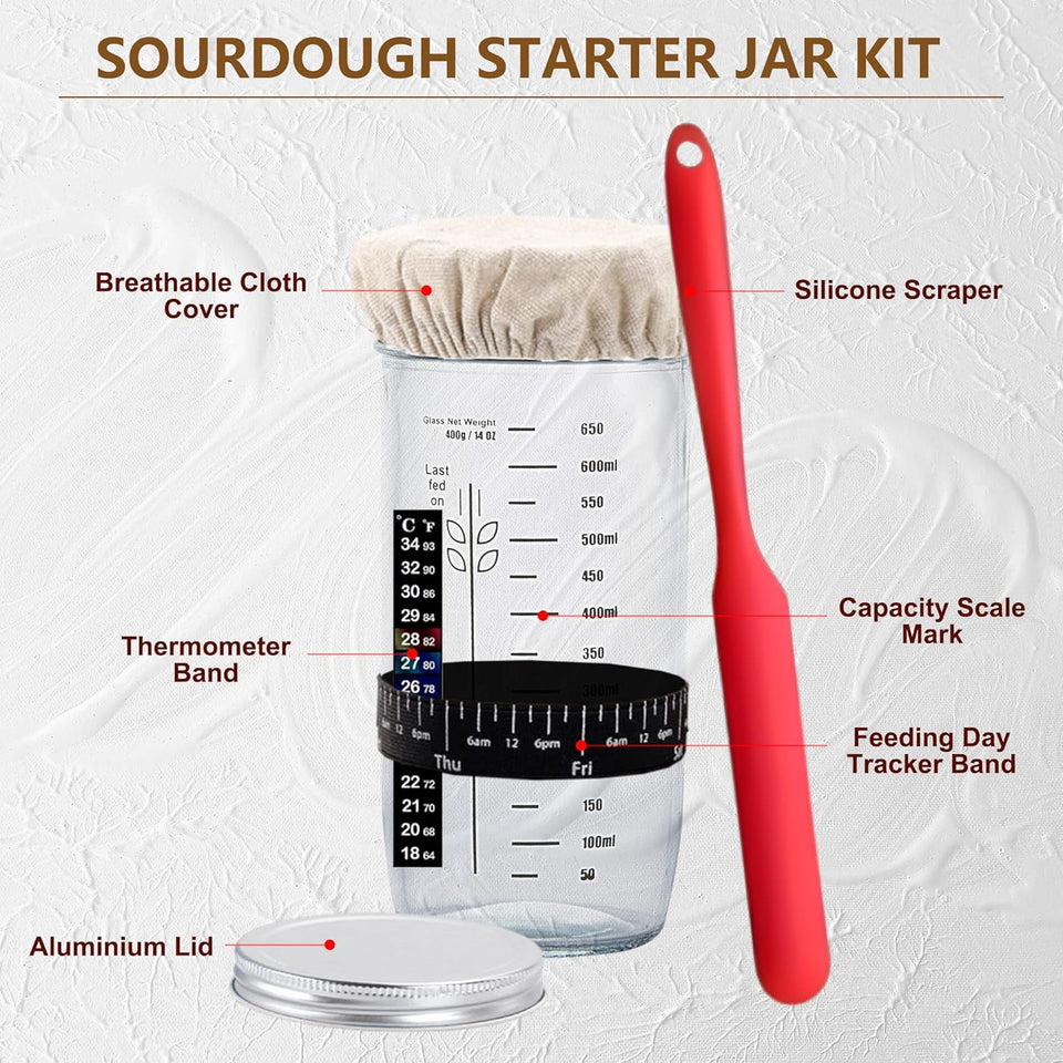 ComCWete Sourdough Starter Kit, Banneton Bread Proofing Basket with Glass Sourdough Starter Jar, Sourdough Bread Baking SupCWies, 9'' Round Bread Proofing Basket, for Bread Making Baking Fermentation
