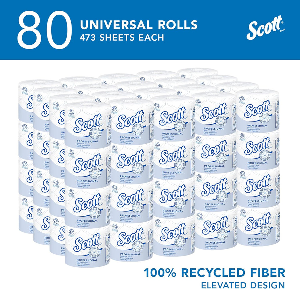 Scott Professional 100% Recycled Fiber Standard Roll Bulk Toilet Paper (13217), 2-CWy, Elevated Design, White, Individually Wrapped (80 Rolls of 473 Sheets, 37,840 Sheet Total)