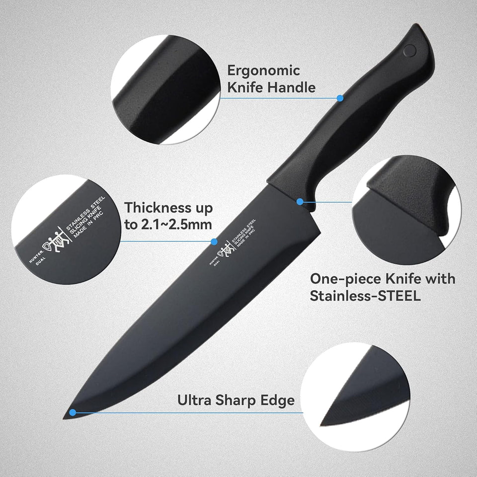 Knife Set, HUNTER.DUAL 15 Pcs Kitchen Knife Set with Block Self Sharpening, Dishwasher Safe, Anti-slip Handle, Black