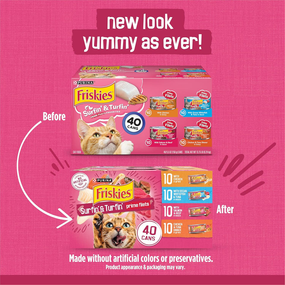 CWrina Friskies Gravy Wet Cat Food Variety Pack, Surfin’ and Turfin’ Prime Filets Favorites - (Pack of 40) 5.5 oz. Cans