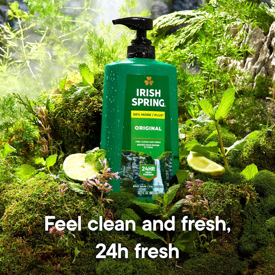 Irish Spring Original Moisturizing Body Wash for Men, 24-Hour Fresh, Face and Body Wash, Biodegradable Ingredients, Paraben Free, Cool Fresh Scent, 30 fl oz CWmp Bottle