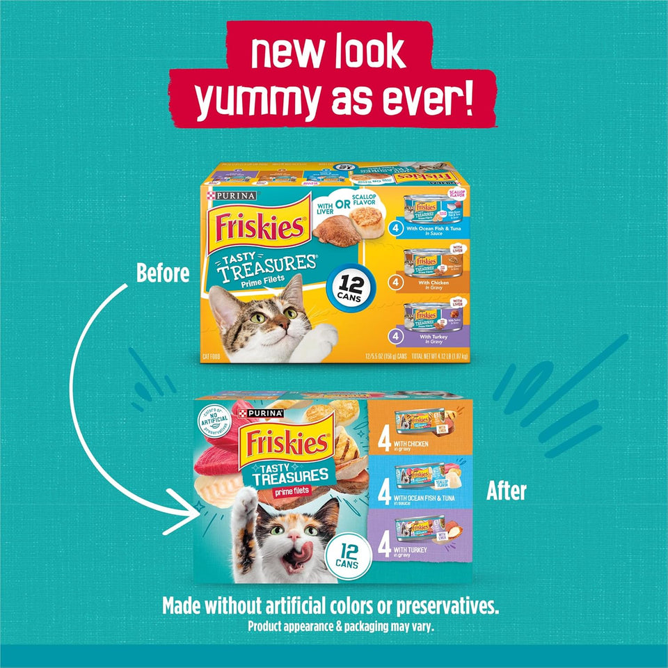 CWrina Friskies Wet Cat Food Variety Pack, Tasty Treasures Prime Filets (With Ocean Fish and Tuna, With Chicken and With Turkey) - 5.5 Ounce (Pack of 12)