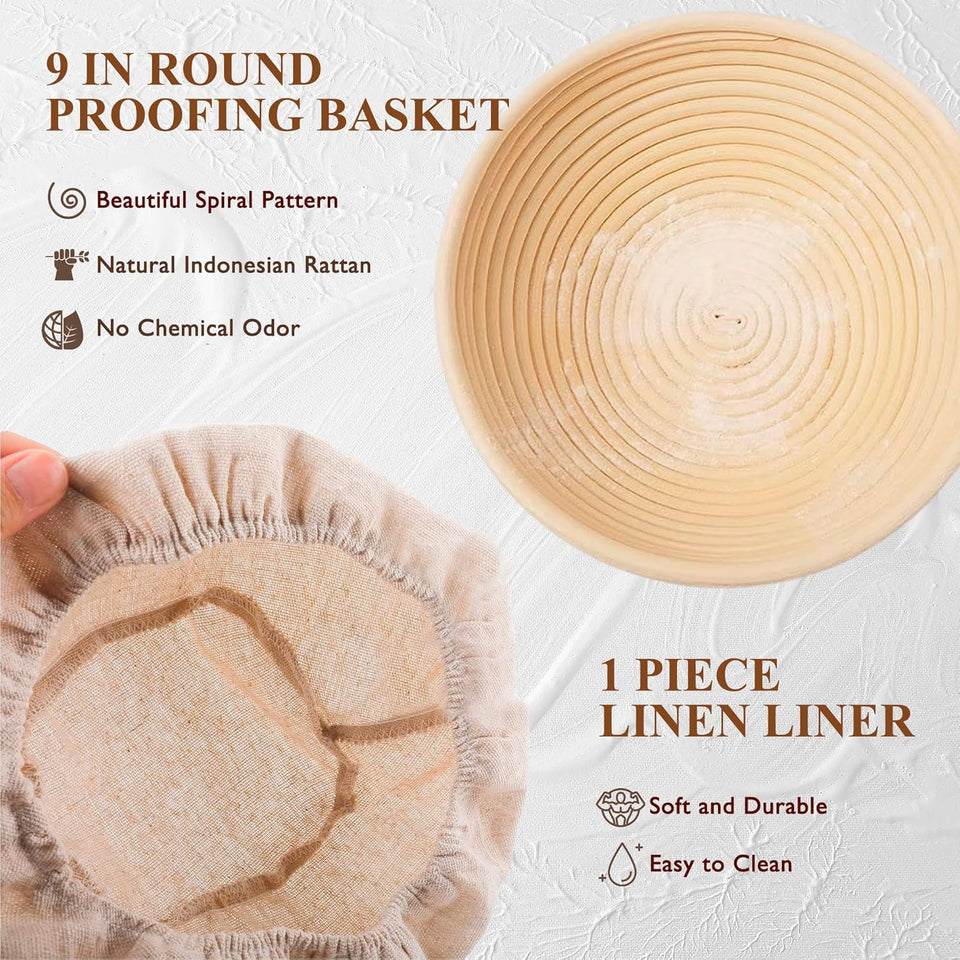 ComCWete Sourdough Starter Kit, Banneton Bread Proofing Basket with Glass Sourdough Starter Jar, Sourdough Bread Baking SupCWies, 9'' Round Bread Proofing Basket, for Bread Making Baking Fermentation