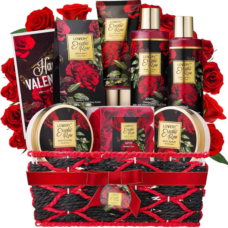 Exotic Rose Valentine Gift Basket for Women, Spa Bath and Body Gift Set with Rose Soaps and Bath Salts