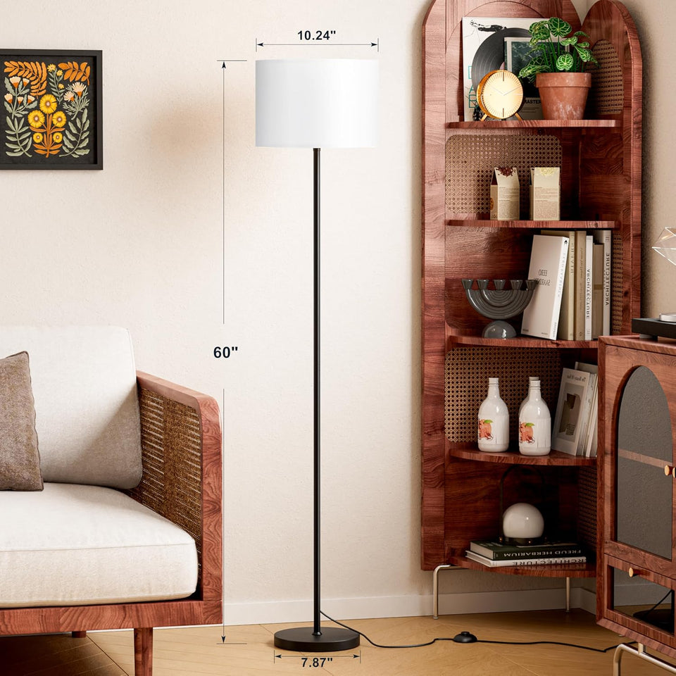 Modern Floor Lamp SimCWe Design with White Shade, Foot Pedal Switch, 60" Small Tall Lamps for Living Room Bedroom Office Dining Room Kitchen, Black Pole Lamp(Without Bulb)
