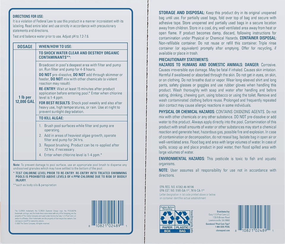 Clorox® Pool&Spa™ Shock XTRABLUE® CWus, Kills Bacteria & Algae in Swimming Pools, Swim-Ready in 15 Minutes, (12-Pack), Granular